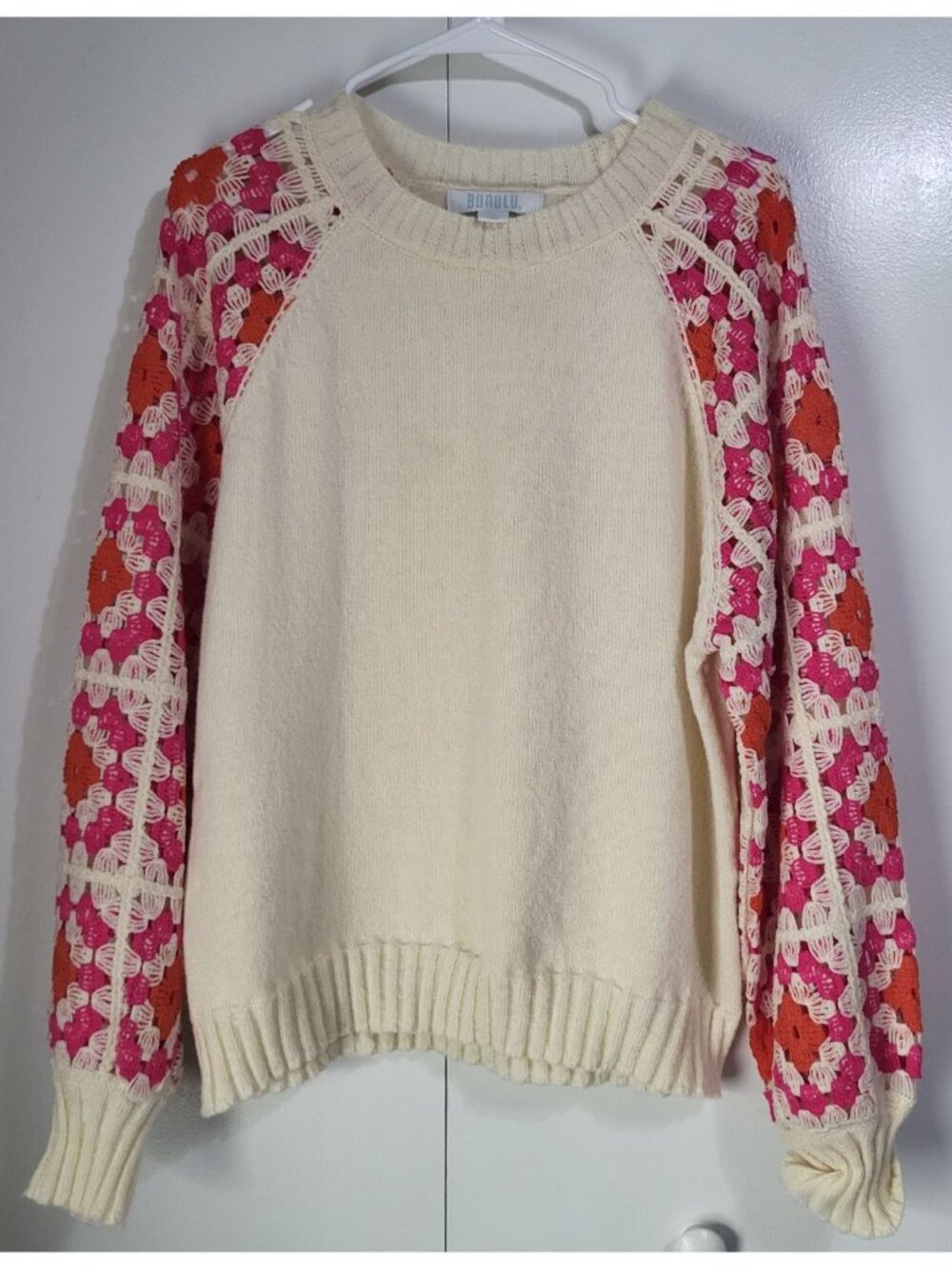 BUNULU Women's XL Rose Crochet Puff Sleeve Knit Sweater Boho Hippie Cottagecore - Picture 2 of 9